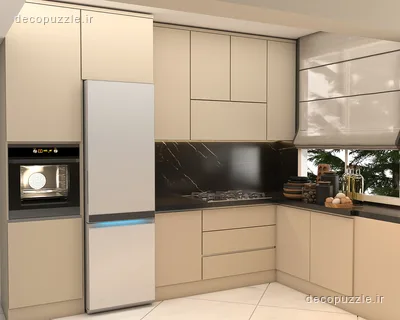 کابینت مدرن کرم مات با چیدمان ال، بین کابینتی مشکی ماربل و فر توکار در آشپزخانه