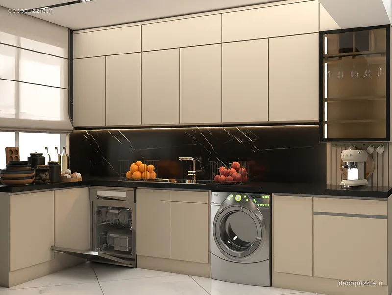 کابینت مدرن مات دورنگ با بین کابینتی ماربل، ویترین و نورپردازی خطی در آشپزخانه ال