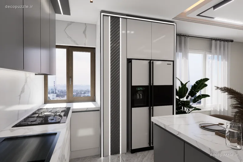کابینت مدرن دورنگ با جزیره و بین کابینتی ماربل در آشپزخانه روشن