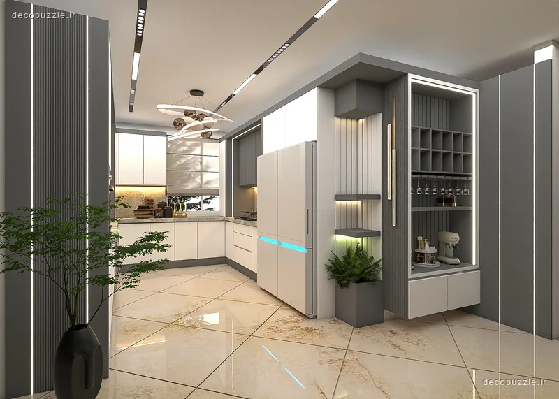 آشپزخانه مدرن دورنگ با کابینت مات، کافی‌بار، قفسه باز و نورپردازی خطی