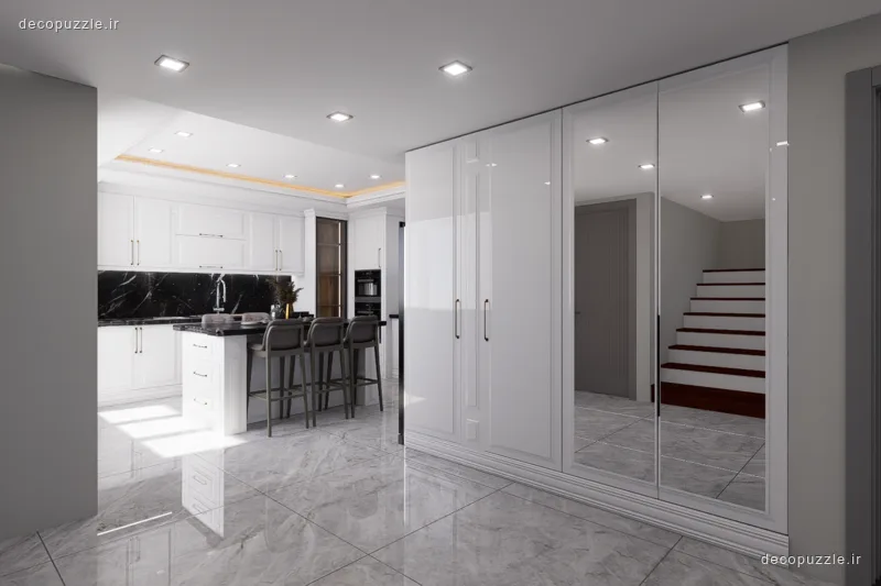 کابینت سفید براق با جزیره، بین کابینتی مشکی و فر توکار در آشپزخانه
