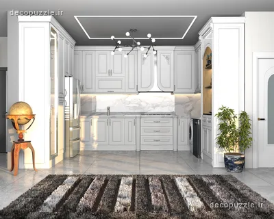 آشپزخانه سفید با کابینت ام‌دی‌اف، بین‌کابینتی ماربل، قفسه باز و نورپردازی خطی