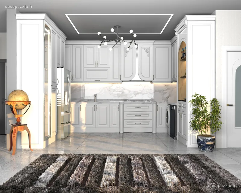 آشپزخانه سفید با کابینت ام‌دی‌اف، بین‌کابینتی ماربل، قفسه باز و نورپردازی خطی