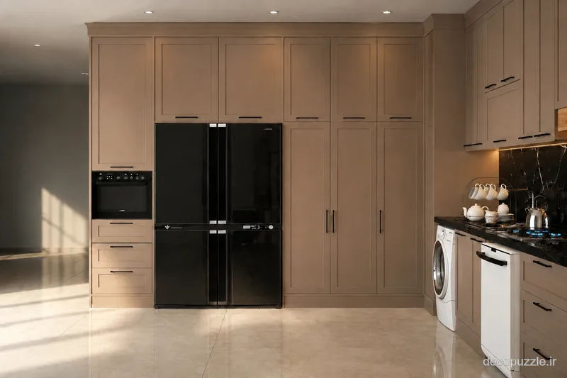 کابینت نئوکلاسیک بژ مات با چیدمان ال، فر توکار و بین کابینتی مشکی در آشپزخانه