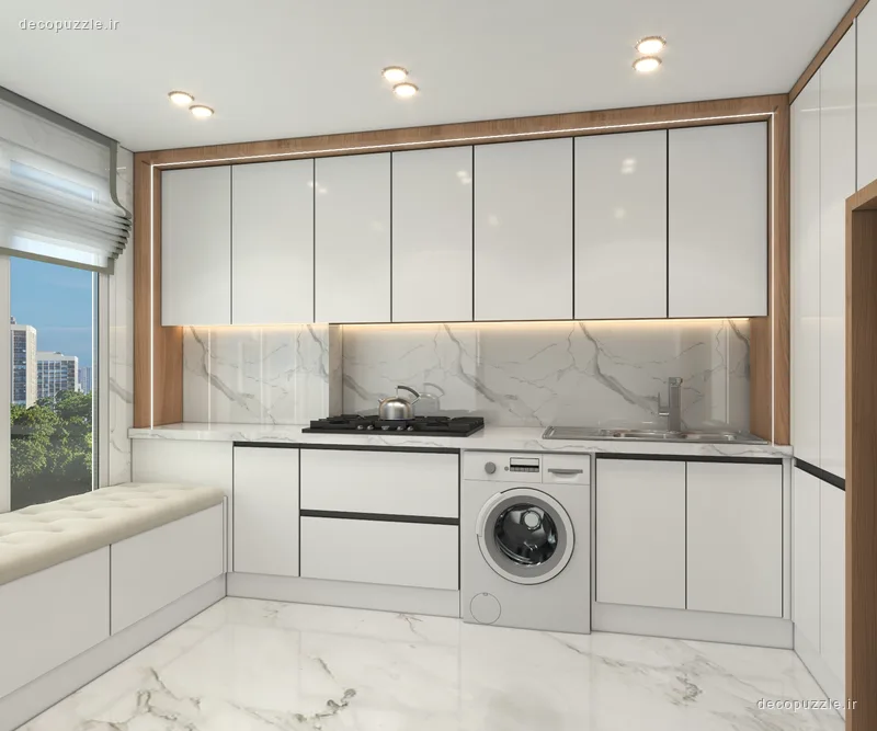 کابینت مدرن سفید و طرح چوب با چیدمان ال، بین کابینتی ماربل و نورپردازی خطی
