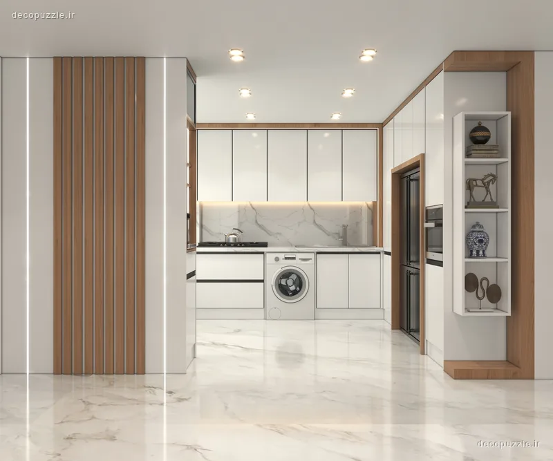آشپزخانه مدرن دورنگ با کابینت هایگلاس سفید، طرح چوب، قفسه باز و بین کابینتی ماربل