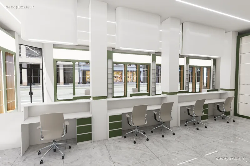فضای تجاری سفید و سبز با میزهای کار خطی، قفسه‌های باز، آینه‌های شیشه‌ای و نورپردازی خطی