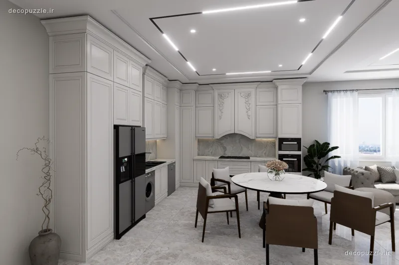 آشپزخانه کلاسیک با کابینت سفید ممبران، چیدمان ال، بین کابینتی ماربل و میز ناهارخوری گرد