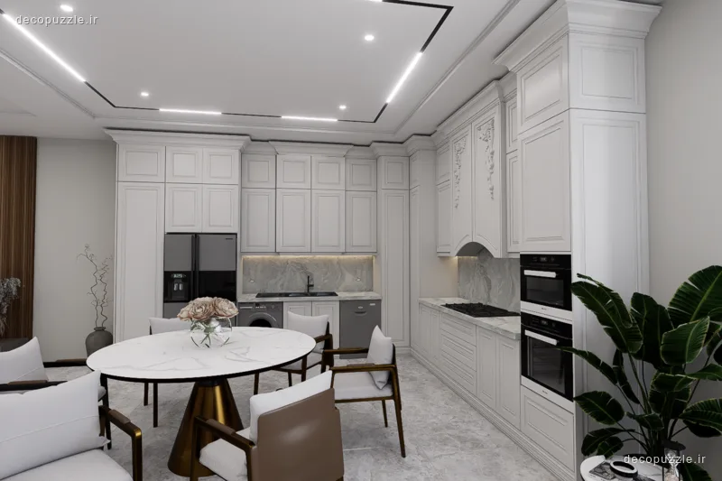 کابینت سفید ممبران با چیدمان ال، بین کابینتی ماربل، فر و مایکروویو توکار و میز ناهارخوری