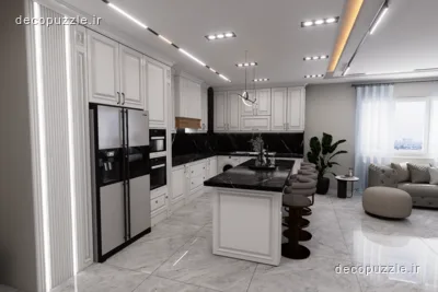 آشپزخانه نئوکلاسیک با کابینت سفید ممبران، جزیره مشکی، بین کابینتی تیره و نورپردازی خطی