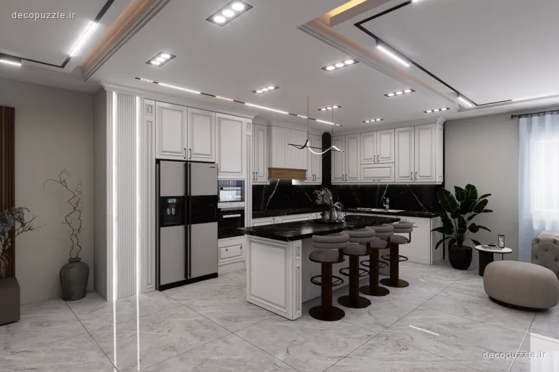 آشپزخانه سفید نئوکلاسیک با کابینت ممبران، جزیره، بین کابینتی مشکی و نورپردازی خطی