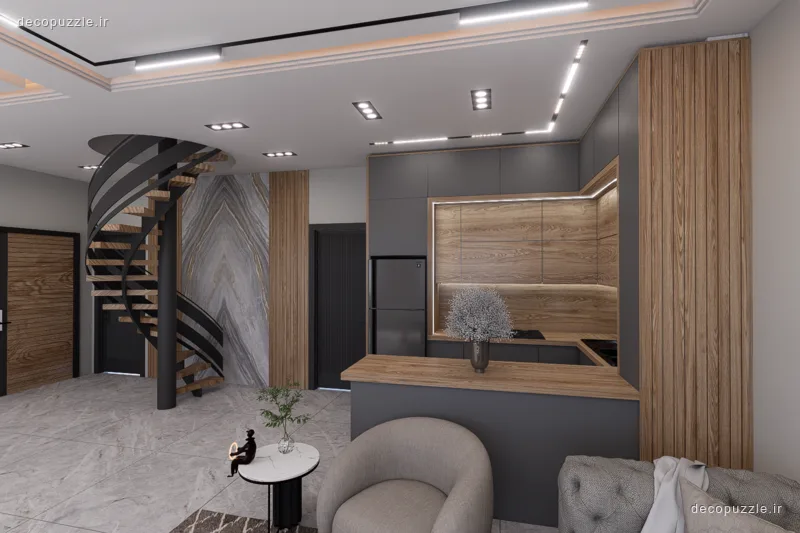 کابینت مدرن مات طوسی و طرح چوب با جزیره، بین کابینتی ماربل و نورپردازی خطی در آشپزخانه اپن