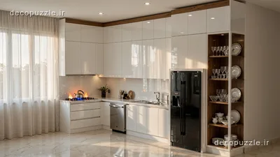 کابینت مدرن سفید هایگلاس با چیدمان ال، قفسه باز چوبی و بین کابینتی در آشپزخانه