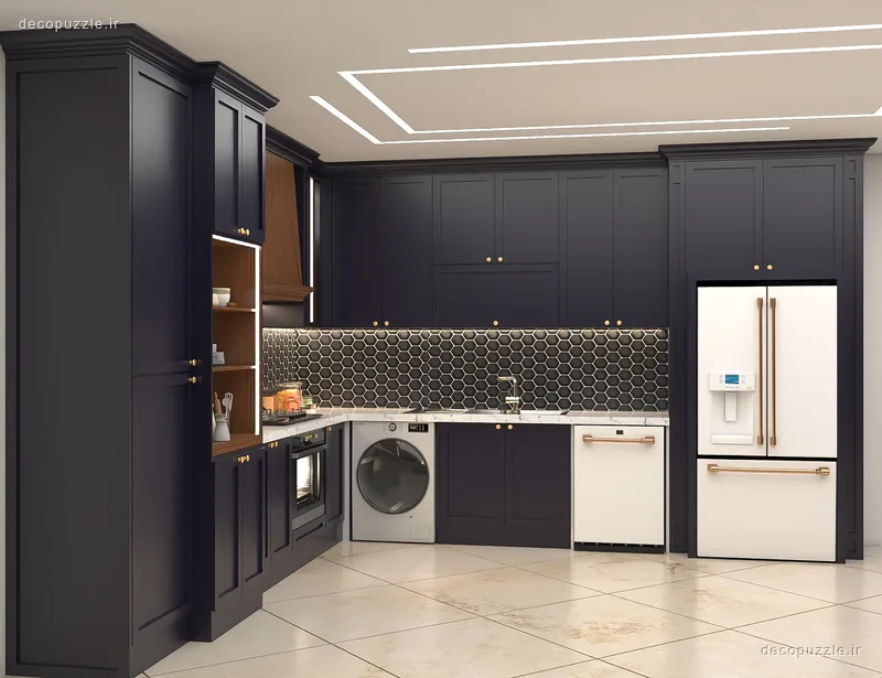 آشپزخانه نئوکلاسیک با کابینت مشکی مات، چیدمان ال، بین کابینتی شش‌ضلعی و لوازم سفید