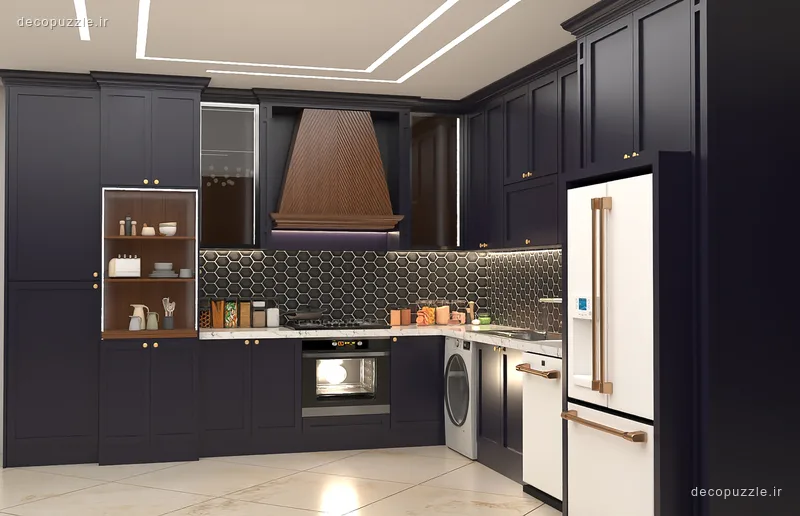 کابینت نئوکلاسیک مشکی مات در آشپزخانه ال با ویترین، فر توکار و بین کابینتی شش‌ضلعی