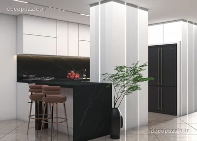 کابینت مدرن سفید و مشکی مات با جزیره ماربل، دستگیره مخفی و نورپردازی خطی در آشپزخانه
