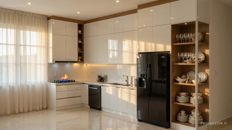 کابینت مدرن سفید هایگلاس با چیدمان ال، ویترین و نورپردازی خطی در آشپزخانه