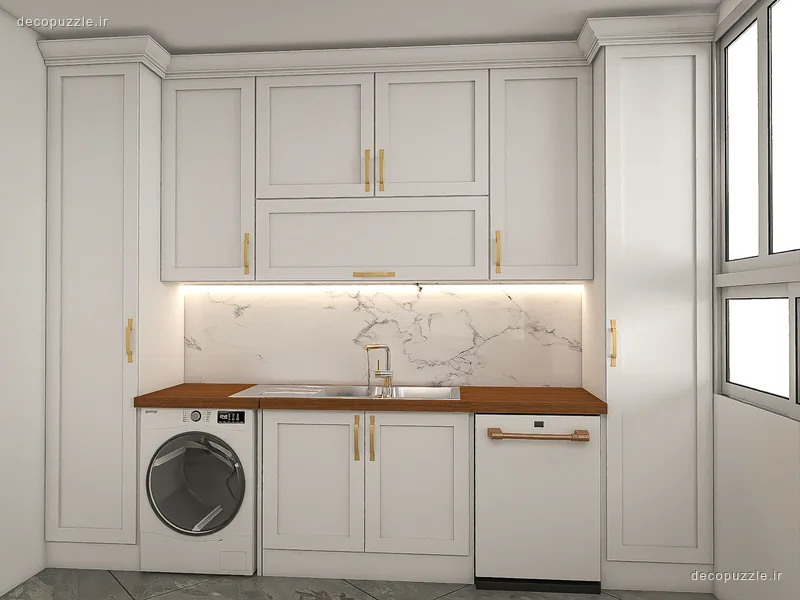آشپزخانه خطی با کابینت ممبران سفید، صفحه طرح چوب و بین کابینتی ماربل