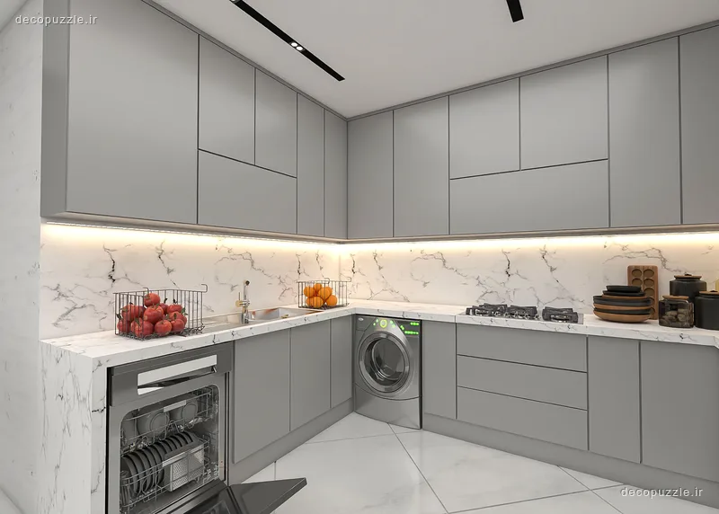 کابینت مدرن طوسی مات با چیدمان ال، بین کابینتی ماربل و نورپردازی خطی در آشپزخانه