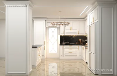 آشپزخانه نئوکلاسیک سفید با چیدمان یو، کابینت‌های پلی اورتان و بین کابینتی ماربل مشکی