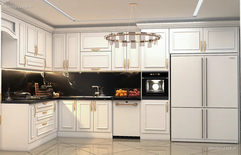 آشپزخانه ال سفید با کابینت ممبران، بین کابینتی ماربل مشکی، فر و مایکروویو توکار