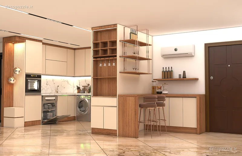 کابینت مدرن مات کرم و طرح چوب با کافی‌بار، قفسه باز و بین کابینتی ماربل در آشپزخانه ال