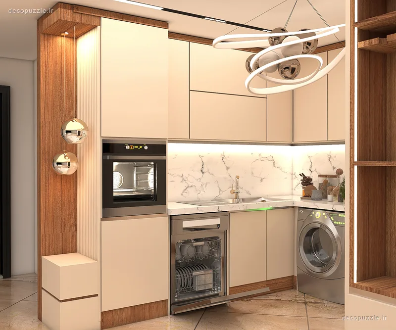کابینت مدرن مات کرم و طرح چوب با چیدمان ال، فر توکار و بین کابینتی ماربل