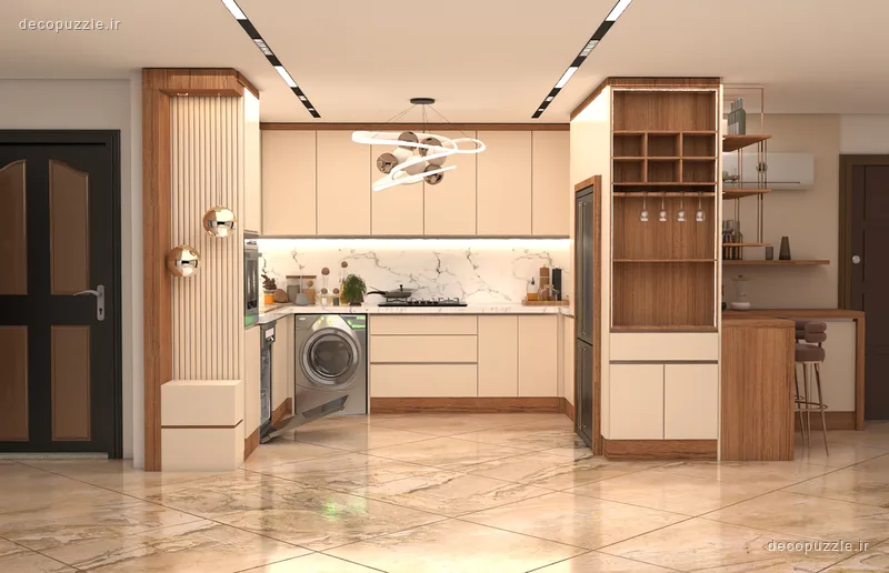 آشپزخانه مدرن دورنگ با کابینت مات و طرح چوب، بین کابینتی ماربل، ویترین و قفسه باز