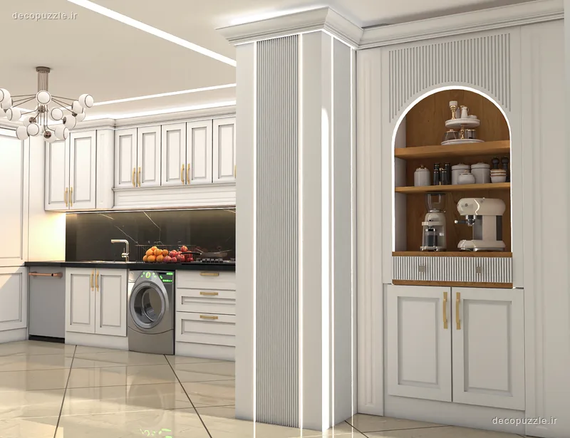 آشپزخانه نئوکلاسیک با کابینت سفید مات، کافی‌بار قوسی، ویترین و بین کابینتی مشکی