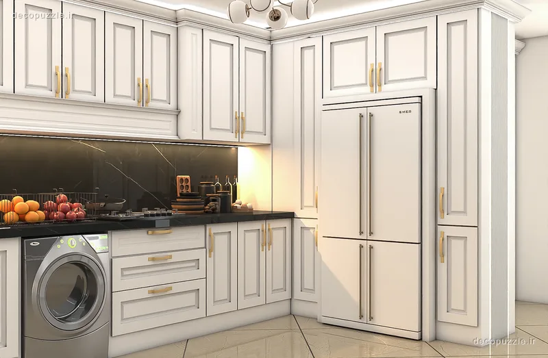 کابینت نئوکلاسیک سفید با صفحه و بین کابینتی مشکی در چیدمان ال آشپزخانه