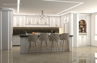 کابینت سفید با جزیره و ویترین در آشپزخانه، همراه با قفسه باز و نورپردازی خطی