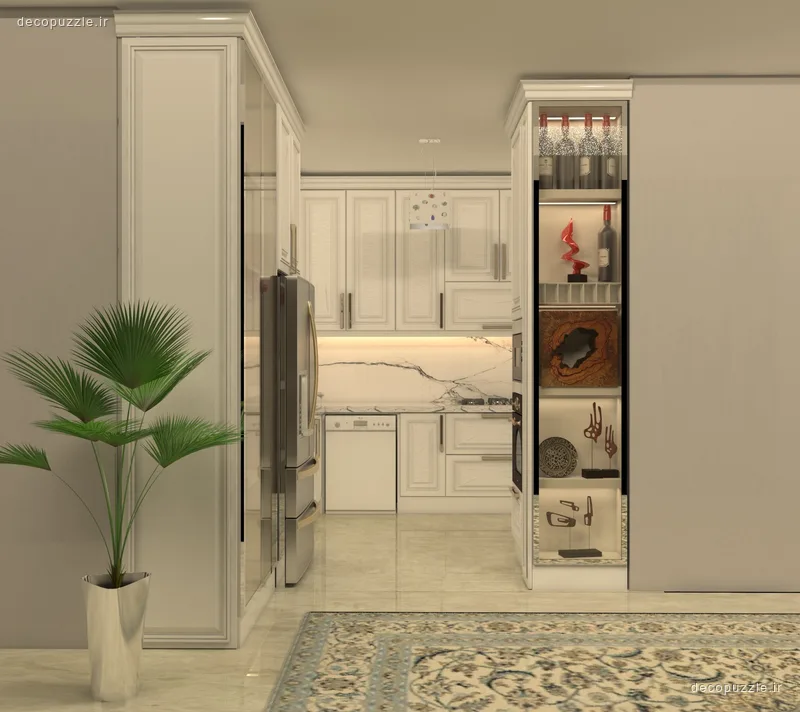 آشپزخانه نئوکلاسیک کرم با کابینت ممبران، ویترین شیشه‌ای و بین کابینتی ماربل