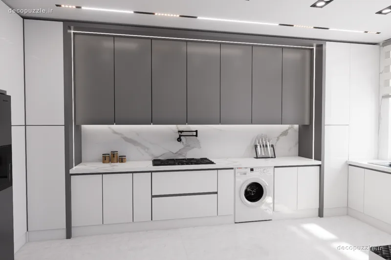 کابینت مدرن طوسی و سفید مات با بین کابینتی ماربل و نورپردازی خطی در آشپزخانه