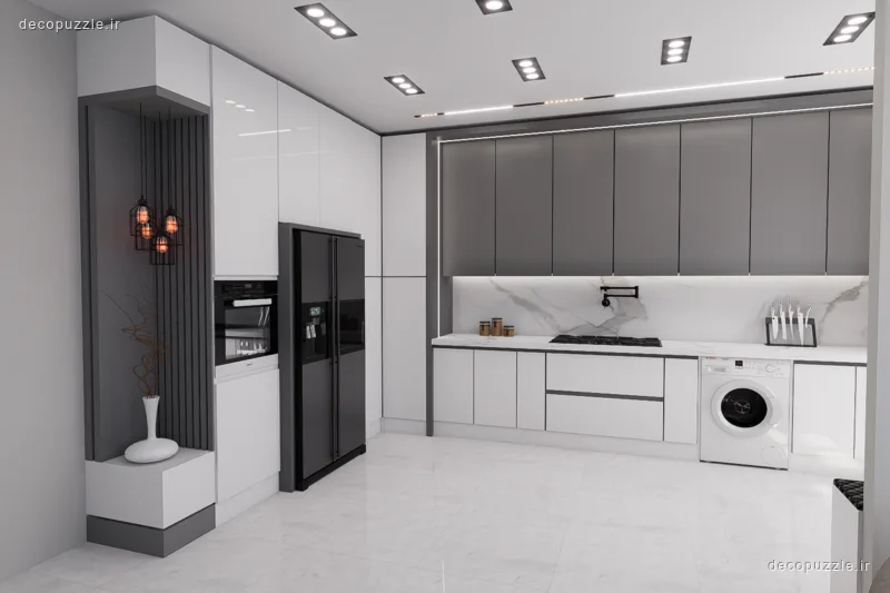 کابینت مدرن سفید و طوسی با هود مخفی، فر توکار و بین کابینتی ماربل در آشپزخانه ال