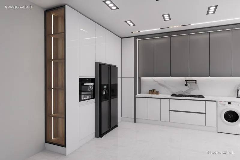 آشپزخانه مدرن دورنگ با کابینت سفید و طوسی، ویترین چوبی، قفسه باز و فر توکار
