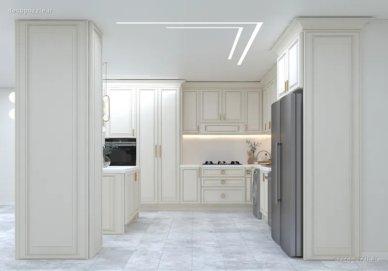 کابینت سفید مات نئوکلاسیک با چیدمان یو، فر توکار و نورپردازی خطی در آشپزخانه