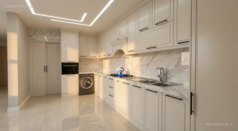 کابینت کرم ممبران با بین کابینتی ماربل، فر توکار و نورپردازی خطی در آشپزخانه ال