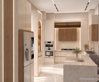 کابینت مدرن دورنگ مات و طرح چوب با جزیره، فر توکار و نورپردازی خطی در آشپزخانه