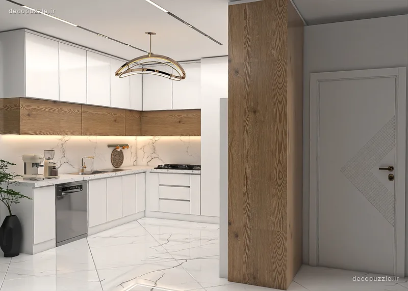 آشپزخانه مدرن دورنگ با کابینت سفید مات و طرح چوب، چیدمان ال، فر توکار و نورپردازی خطی