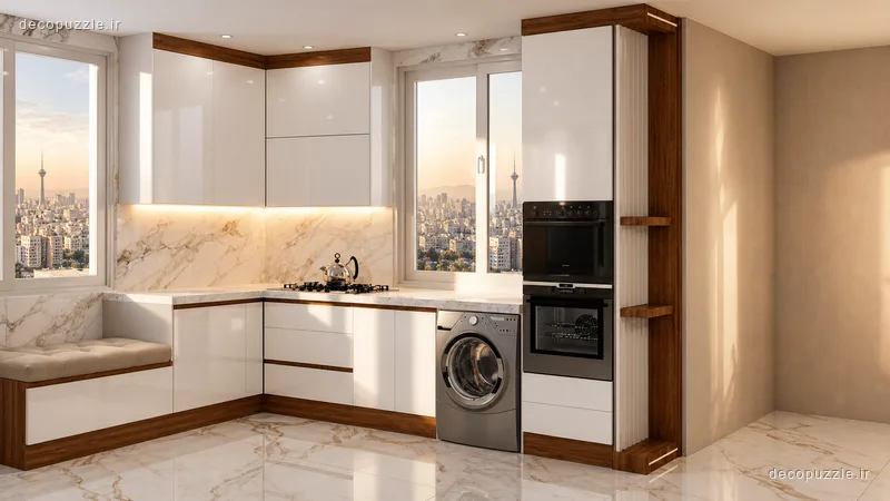 کابینت هایگلاس سفید و طرح چوب با بین کابینتی ماربل و فر توکار در آشپزخانه با چیدمان ال