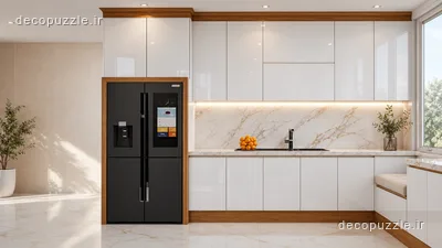 کابینت مدرن دورنگ سفید و طرح چوب با دستگیره مخفی و نورپردازی خطی در آشپزخانه ال