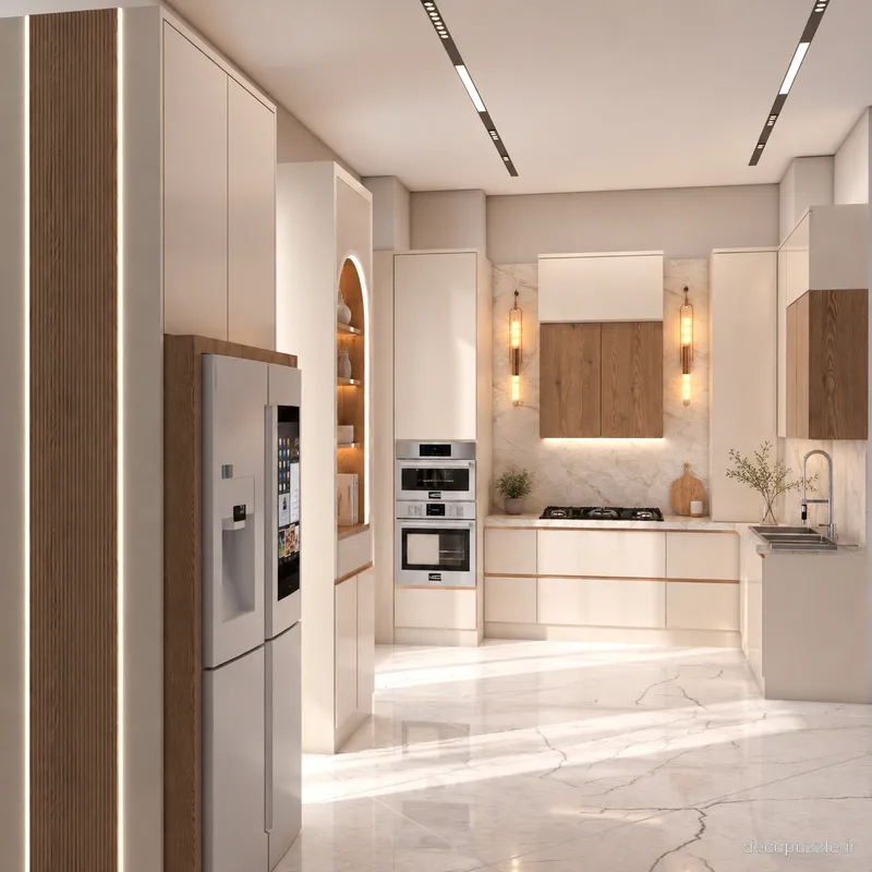 آشپزخانه مدرن دورنگ با کابینت مات و طرح چوب، چیدمان ال، فر توکار و نورپردازی خطی