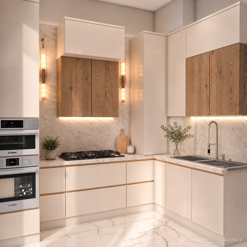 آشپزخانه مدرن دورنگ با کابینت سفید مات و طرح چوب، چیدمان ال و نورپردازی خطی