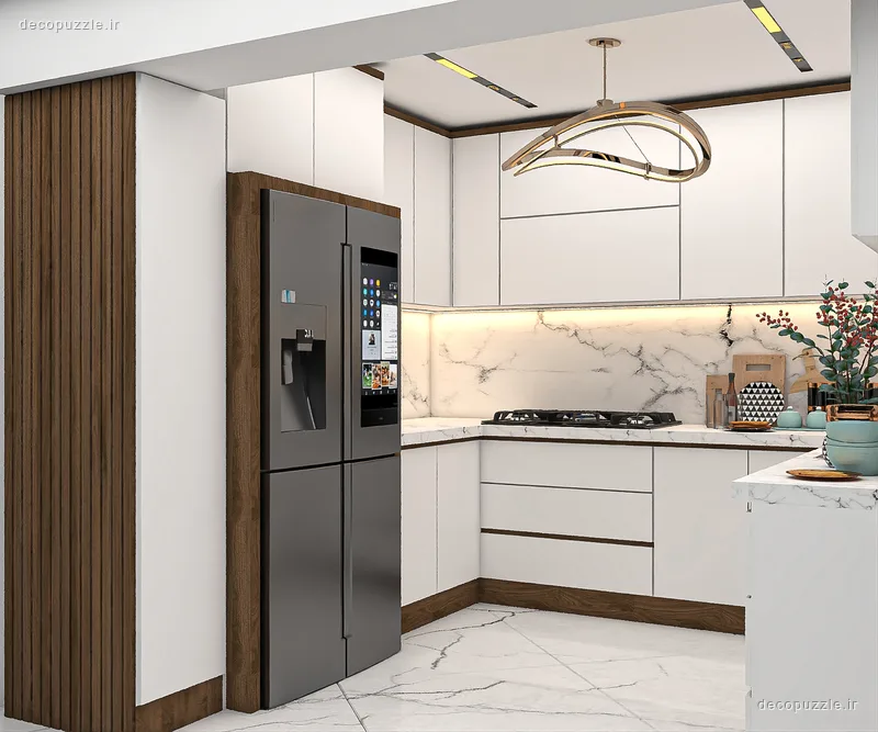 کابینت سفید مات و طرح چوب با چیدمان ال، جزیره و بین کابینتی ماربل در آشپزخانه