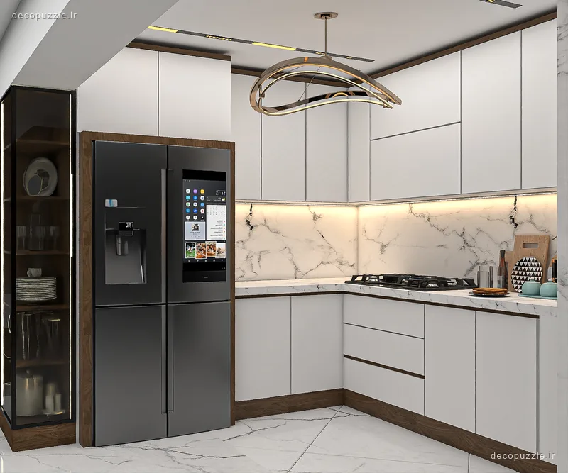 کابینت مدرن مات سفید و طرح چوب در آشپزخانه ال با ویترین، بین کابینتی ماربل و نورپردازی خطی