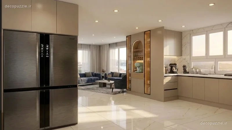 آشپزخانه مدرن بژ مات با چیدمان ال، ویترین شیشه‌ای، قفسه باز و بین کابینتی ماربل
