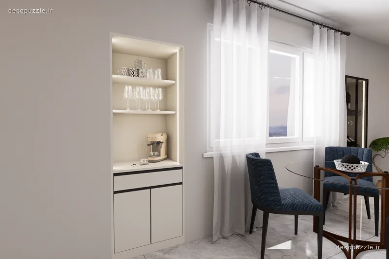 کابینت مدرن سفید مات با کافی‌بار، قفسه باز و میز ناهارخوری در پذیرایی