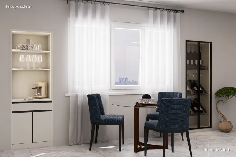 پذیرایی سفید با کابینت مات، ویترین شیشه‌ای و میز ناهارخوری
