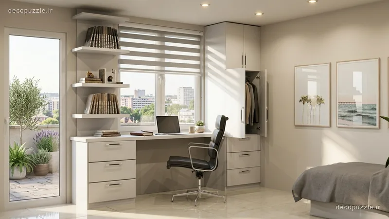 کابینت مدرن سفید مات با میز کار، قفسه‌های باز و کمد بلند در فضای روشن خانه