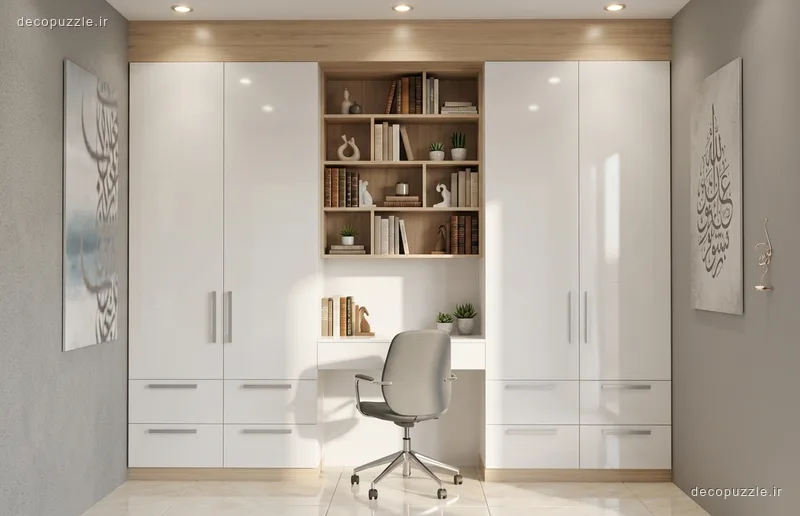 کابینت مدرن سفید هایگلاس با قفسه باز طرح چوب و میز کار در پذیرایی